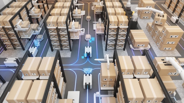 Warehouse management with automated roboticsThe transport vehicle uses a robotic armrobots to pick up the goods using automation in product management 3D rendering