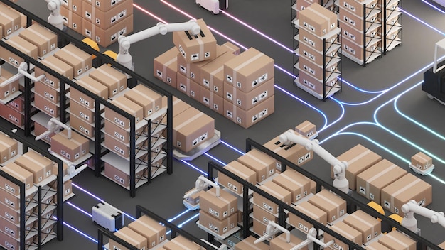 Warehouse management with automated roboticsThe transport vehicle uses a robotic armrobots to pick up the goods using automation in product management 3D rendering