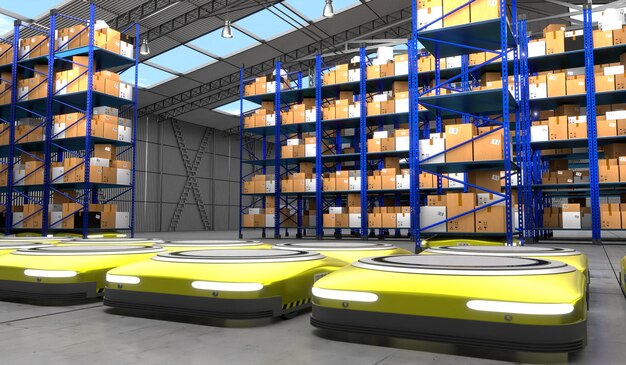 Warehouse with packages rack shelves and robots 3D illustration