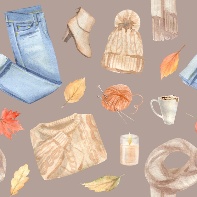 Watercolor autumn seamless pattern with hand painted cozy symbols of fall season.