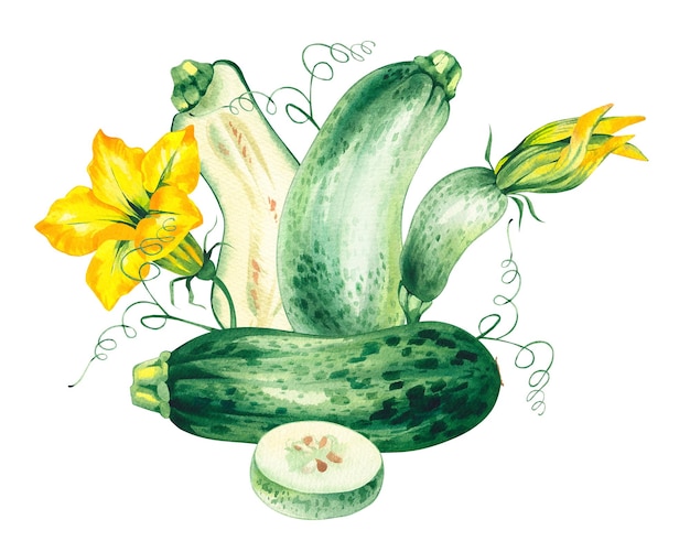 Watercolor composition with zucchini isolated on white