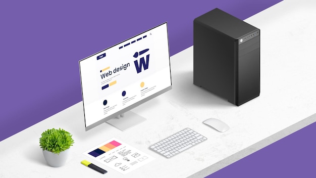 web design studio concept with company page on computer display and color palette on work desk