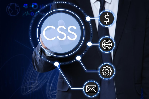 web development man using button css on virtual screen closeup