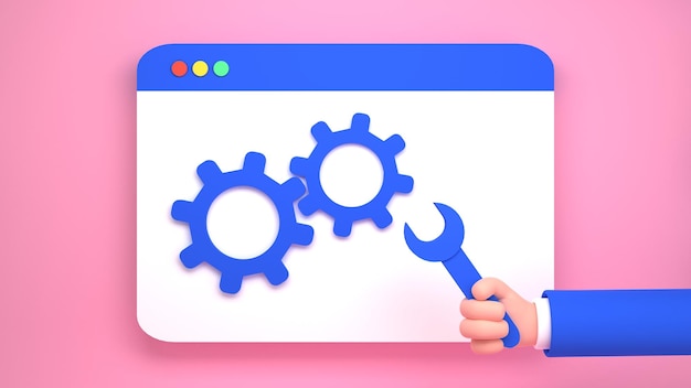 website maintenance.web page with gears and cartoon human hand holding wrench 3d render illustration