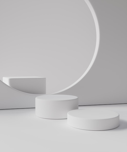 White geometric shapes with crescent moon lighting podium display stand