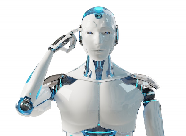 White male cyborg thinking and touching his head 