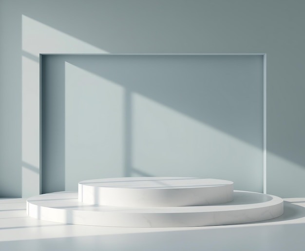 White marble podium with sunlight and shadows on a blue wall