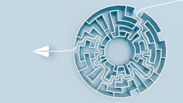 White paper plane emerging from complex maze with visible solution path trailing behind symbolizing breakthrough success and strategic problem solving 3d render