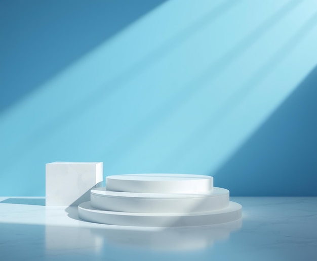 White podium with blue wall and sunbeams