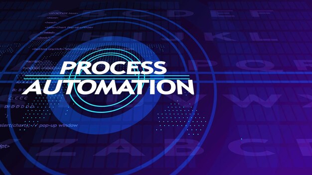 White text Process Automation on a digital background with code and letters technology programming