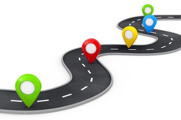 Winding Road with Colorful Pin Pointer on a white background. 3d Rendering