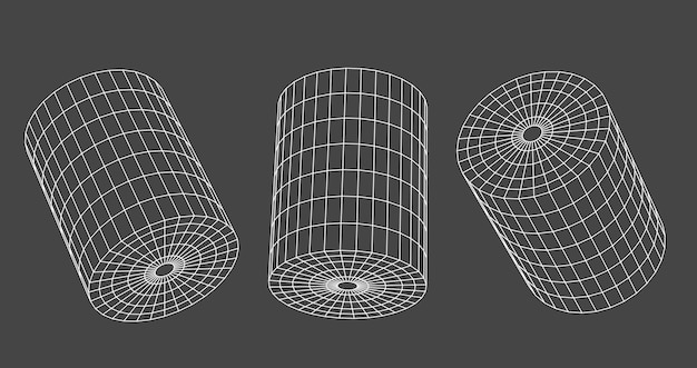 Wireframe geometric shapes 3d render Abstract digital objects from line grid Polygonal figures cylinders in different angle view isolated outline graphic elements icons set