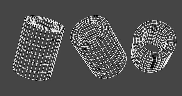Wireframe hollow cylinders or tubes 3d render icons set Abstract geometric mesh polygon graphic objects on dark background Outline white grid y2k shapes virtual reality elements