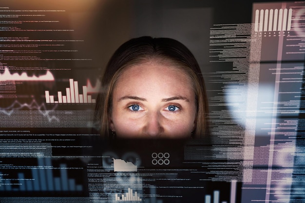 Woman dashboard and data analytics coding and information technology with digital overlay and stock market statistics Trading IT and fintech female trader working night and graph on stocks app