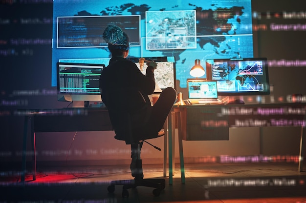 Woman hacking and cybersecurity hologram map and screen with malware futuristic technology and global web security Data protection overlay world dashboard and programmer with digital safety code