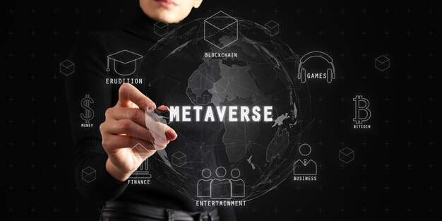 Woman interacting with metaverse concept icons on digital interface background