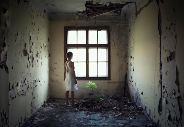 woman standing in abandoned home