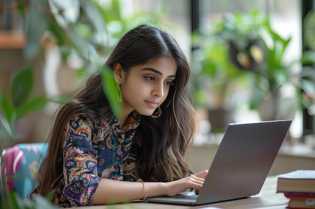 woman working on laptop at table
