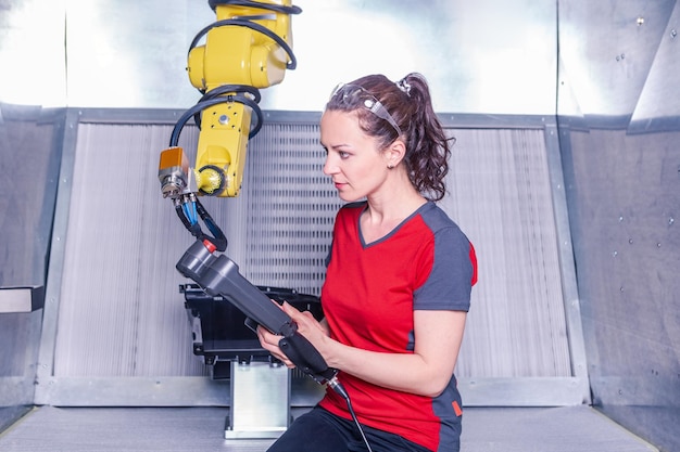 Woman working on machinery in factory