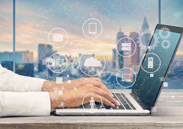 woman working with laptop on  background, close-up