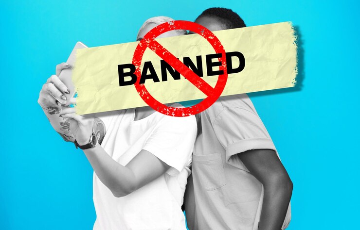 Photo women friends selfie and ban in cancel culture at studio isolated on blue background problem picture and girls on internet for wrong opinion freedom of speech and politics on social media overlay