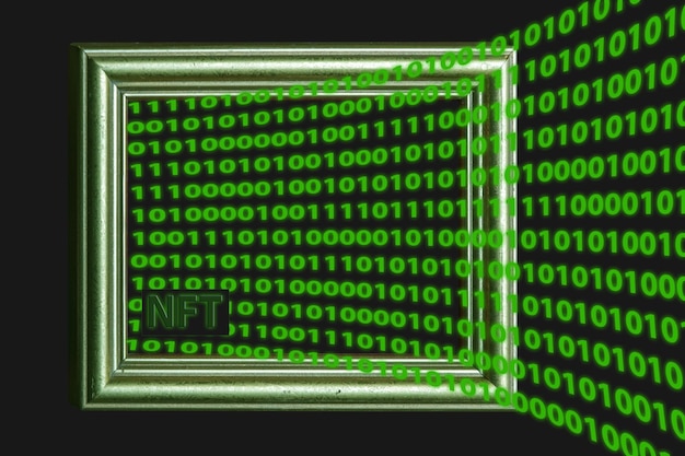 Wooden frame with green zero one digits as crypto art illustration concept of nft banner and nonfungible token