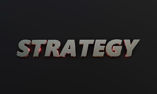 Word Strategy is written on dark background with cinematic and neon text effect 3D Rendering