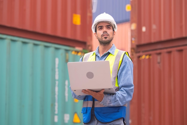 Worker using computer in containers export background Engineer using computer in containers import background