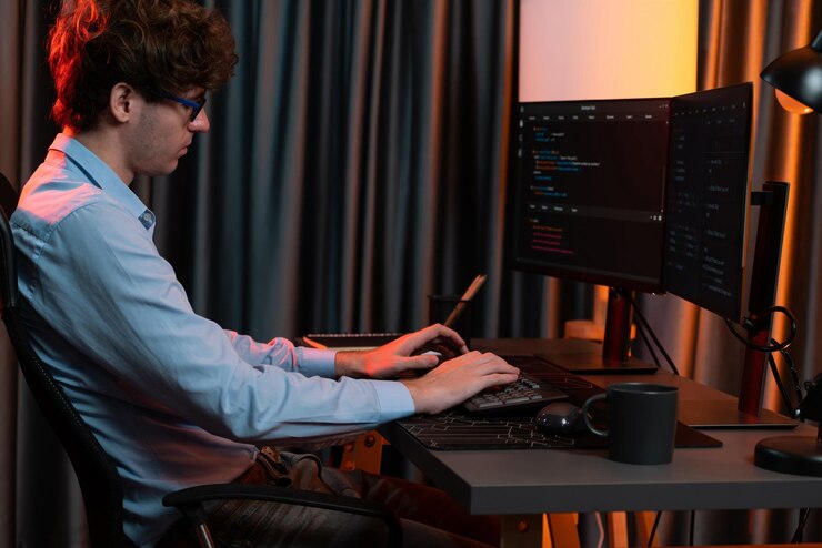 Photo working it developer concentrating online software at neon light room gusher
