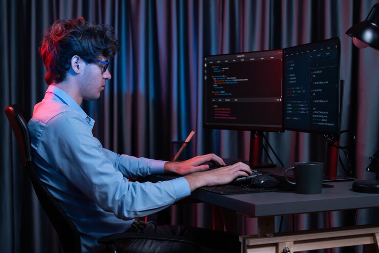 Photo working it developer concentrating online software at neon light room gusher
