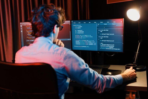 Working it developer concentrating online software at neon light room gusher