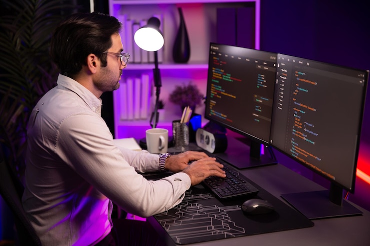 Photo working smart it developer analyzing data software development on pc surmise