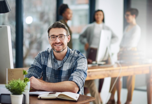 Workplace journalist or business man in portrait for job planning or reporter for creative agency Mature editor content writer and notebook ideas and copywriting for publication by mockup space