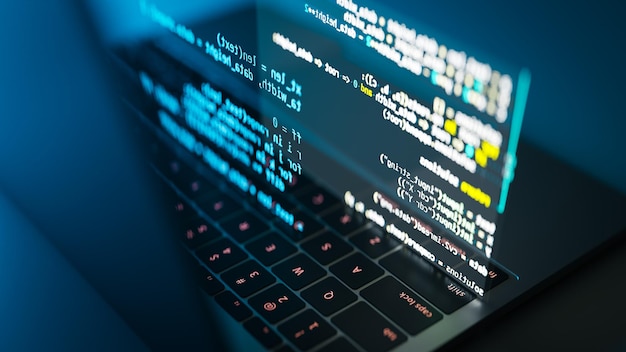 Write source code while programming on a laptop 3d rendering