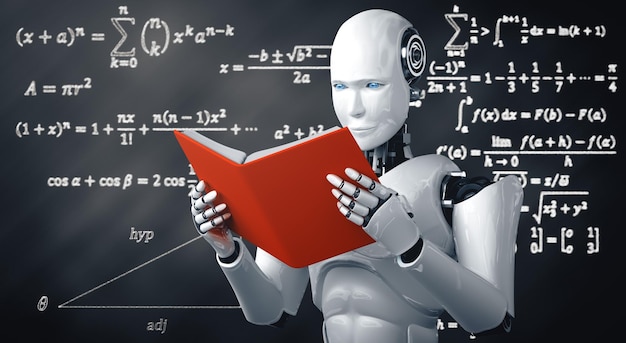 xai 3d illustration of robot humanoid reading book and solving math