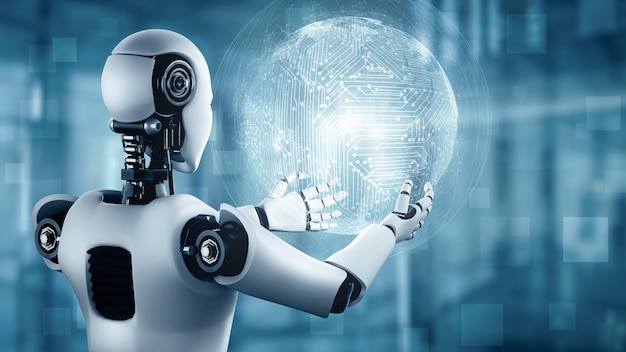 xai ai hominoid robot holding hologram screen shows concept of global communication