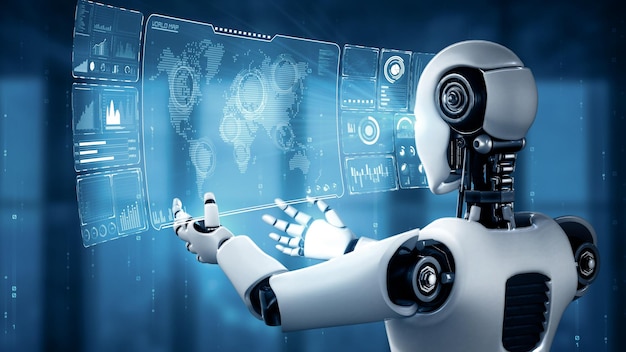 xai ai hominoid robot holding virtual hologram screen showing concept of big data