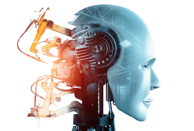 xai mechanized industry robot and robotic arms double exposure image