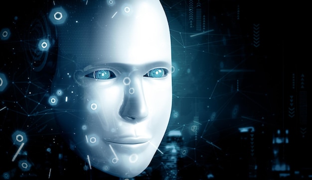 xai robot humanoid face close up with graphic concept of ai thinking brain