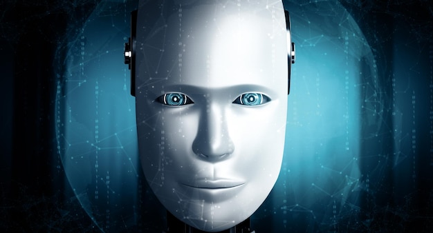 Xai robot humanoid face close up with graphic concept of ai thinking brain
