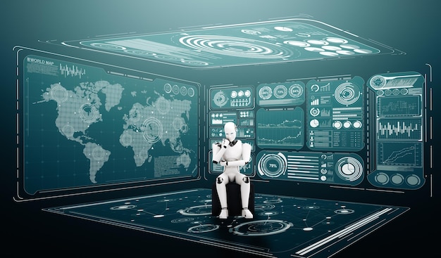 xai thinking ai humanoid robot analyzing hologram screen showing concept big data
