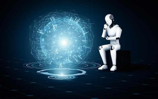Xai thinking ai humanoid robot analyzing hologram screen shows concept of network