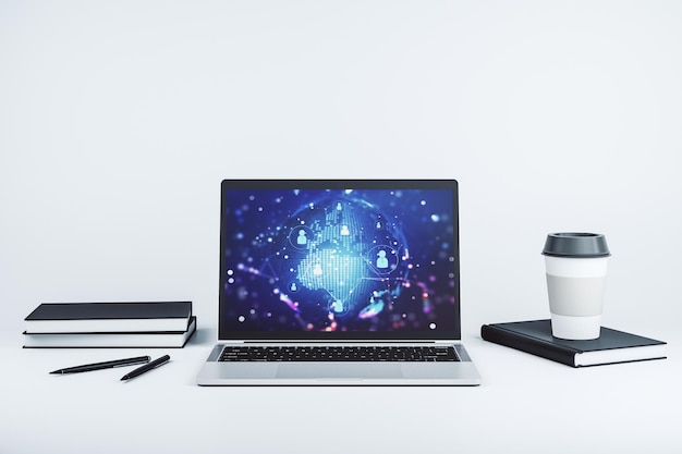 Ý tưởng mạng xã hội với bản đồ thế giới trên màn hình laptop hiện đại kết xuất 3D