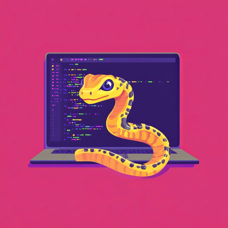 Photo yellow snake with blue eyes peeking out of a laptop screen with code