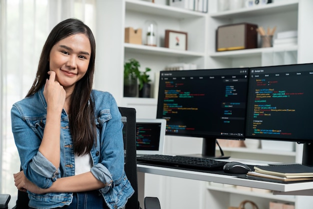 young asian in it developer looking at camera to present on pc stratagem