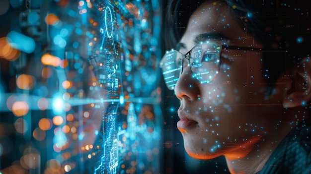 Young Asian Male Observing Holographic Digital Display Futuristic Technology Innovation