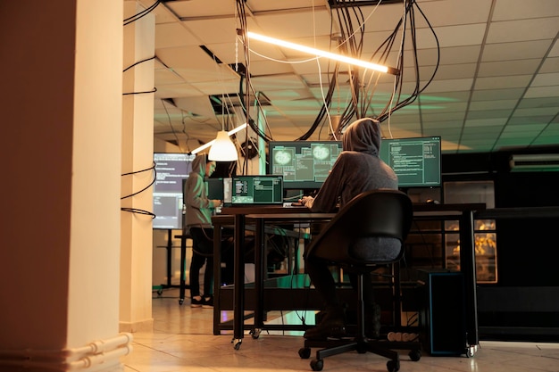 Young hacker cracking firewall encryption on multi monitors, writing script and programming malware. Thief doing cyberattack on computer network, causing data breach at night time.