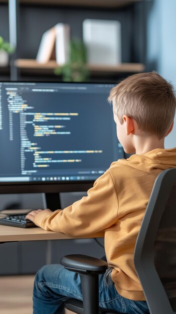 Young kid boy programming using computer learning coding and software development at home future programmer
