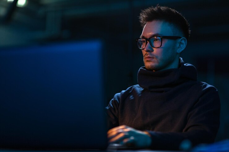 Photo young man in glasses with laptop in dark room