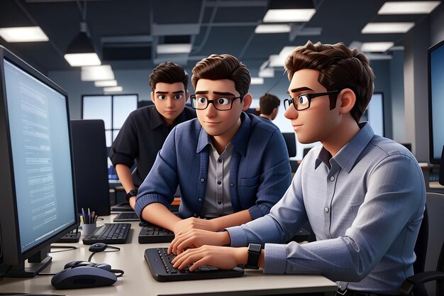 young programmer at computer and boss chief talking in office colleagues discussing new hardware software coding programming process